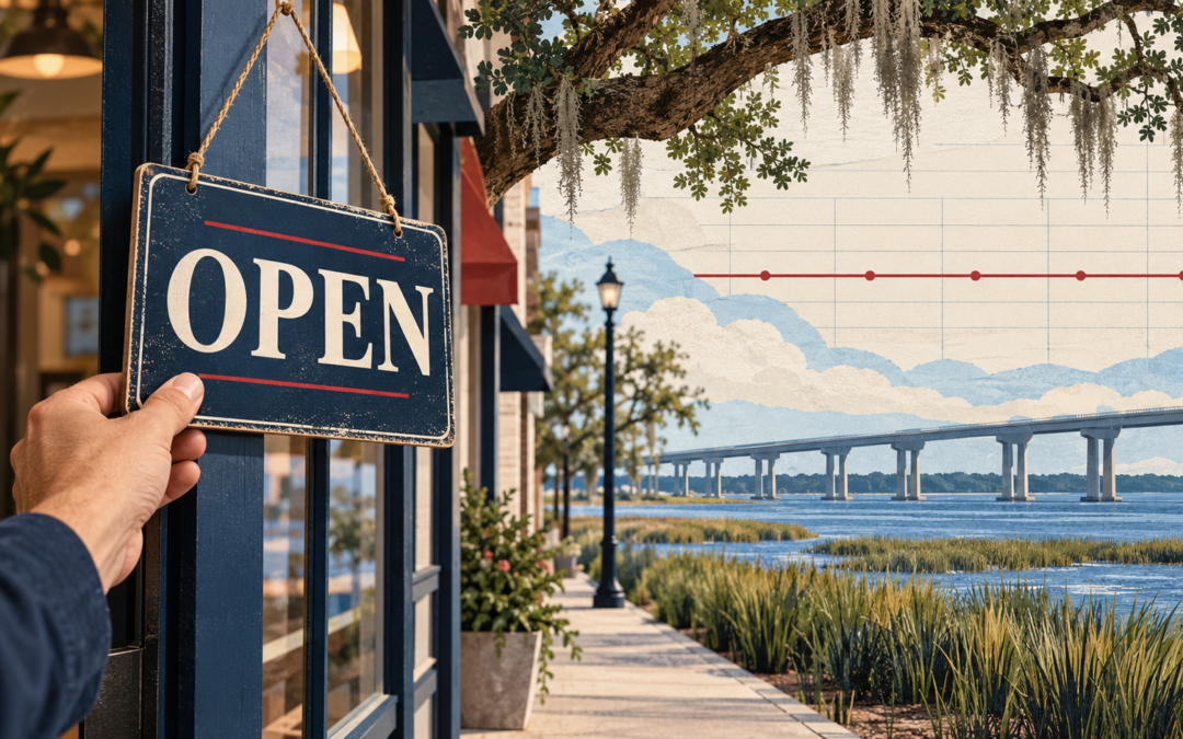 Editorial illustration of a shop’s OPEN sign, a symbolic flat revenue line, and a coastal roadway over marsh water beneath an oak branch.