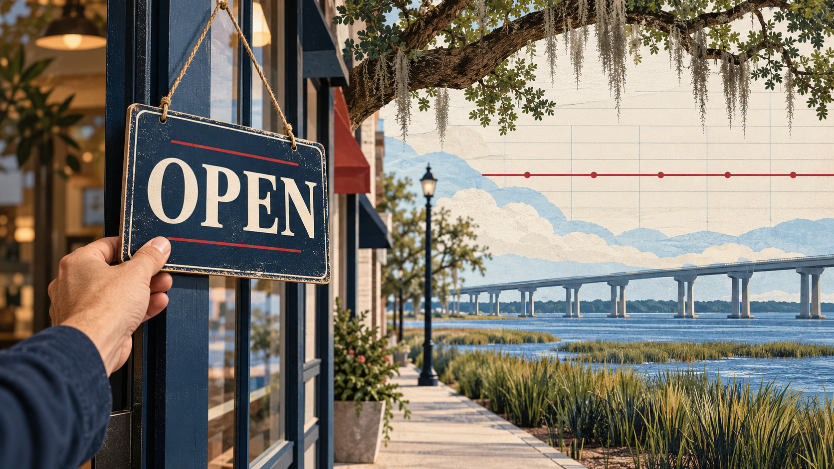 Editorial illustration of a shop’s OPEN sign, a symbolic flat revenue line, and a coastal roadway over marsh water beneath an oak branch.