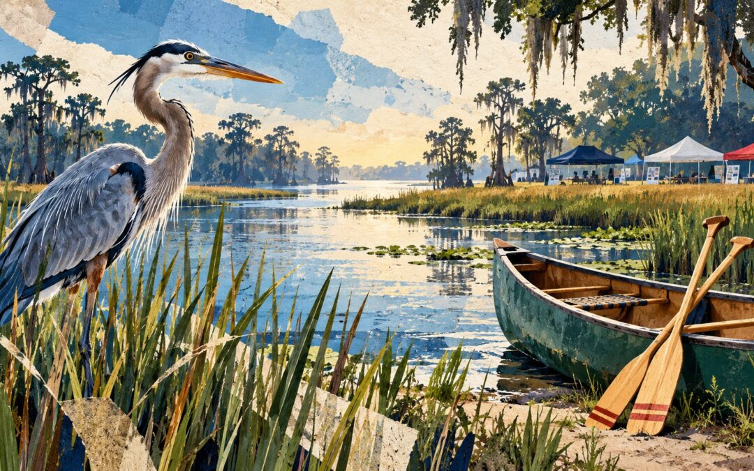 Editorial illustration of a heron, canoe and outdoor learning displays in Delta habitat; not a photograph of the expo.