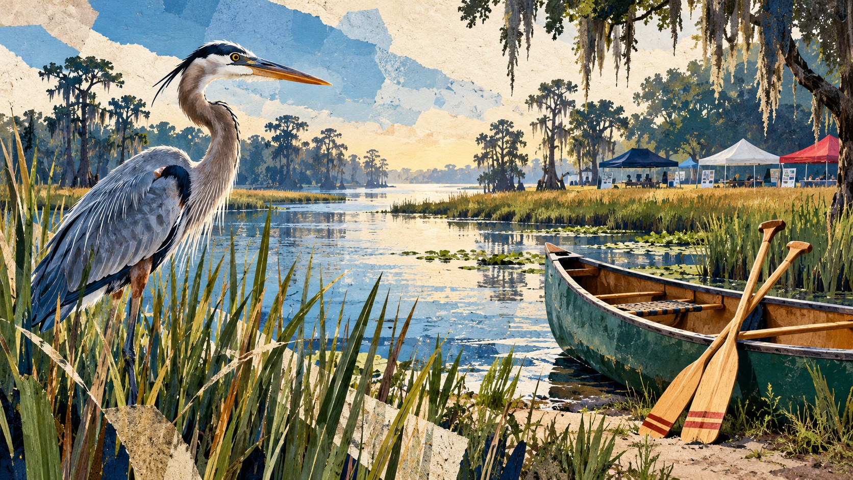 Editorial illustration of a heron, canoe and outdoor learning displays in Delta habitat; not a photograph of the expo.