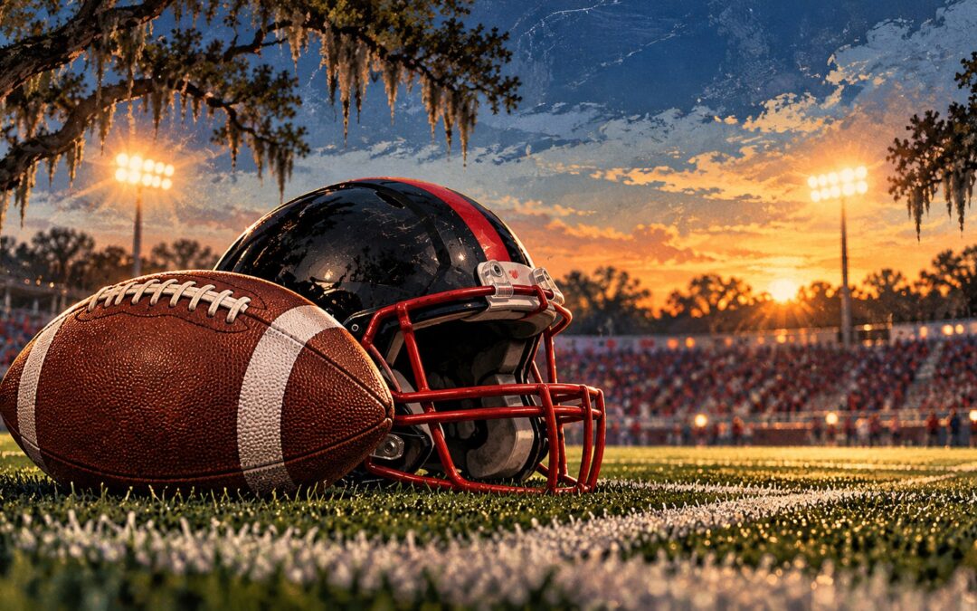 Editorial illustration of a football and black-and-red helmet under stadium lights; not an actual game photograph or team-branded helmet.