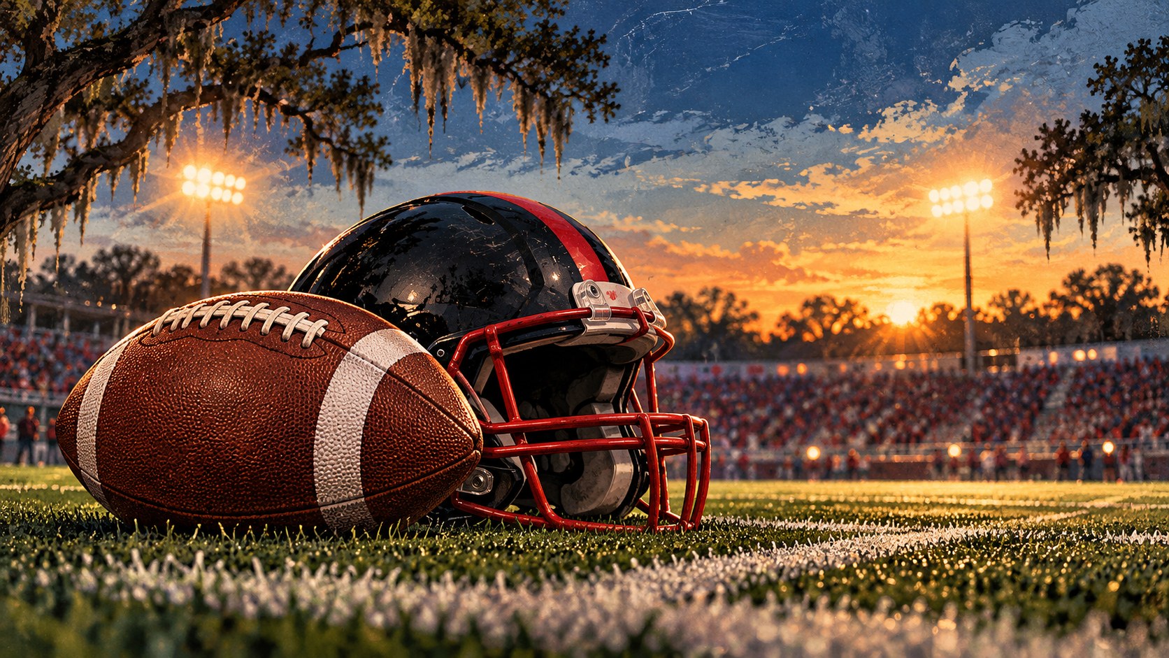 Editorial illustration of a football and black-and-red helmet under stadium lights; not an actual game photograph or team-branded helmet.