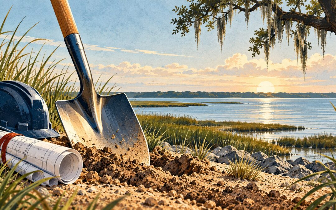 Editorial illustration of a shovel, hardhat and rolled plans beside coastal marsh water, representing the start of a waterfront park project.