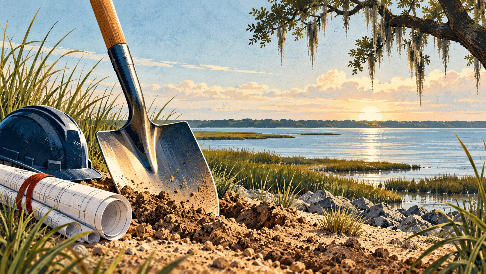 Editorial illustration of a shovel, hardhat and rolled plans beside coastal marsh water, representing the start of a waterfront park project.