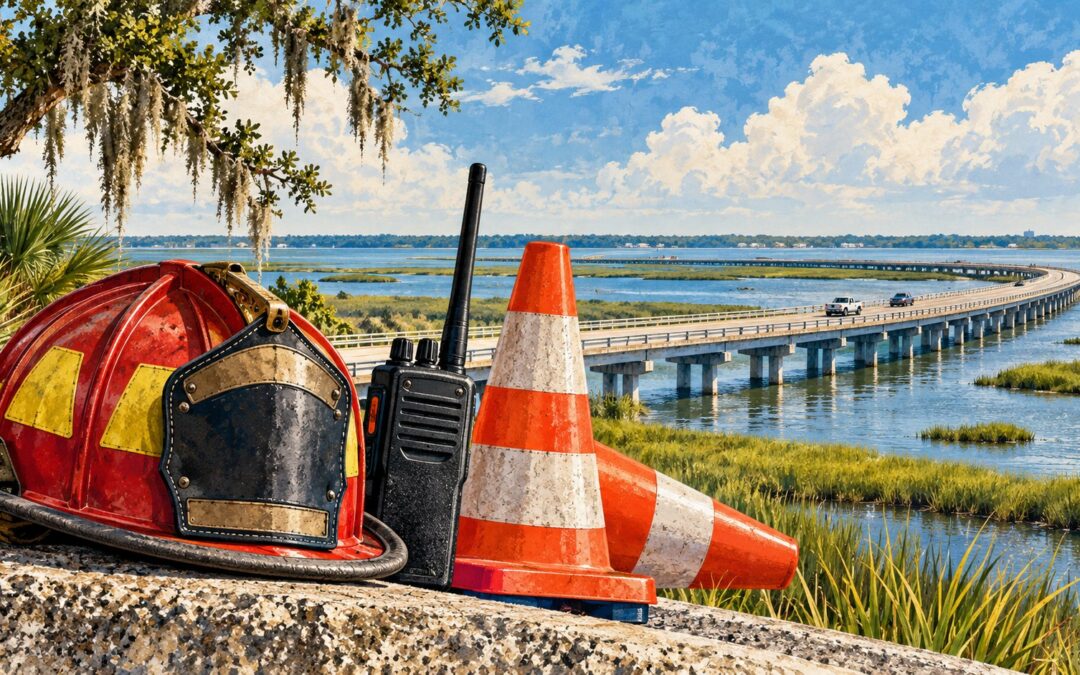 Editorial illustration of a fire helmet, radio and road cones beside a coastal causeway; not a photograph of a crash or emergency response.