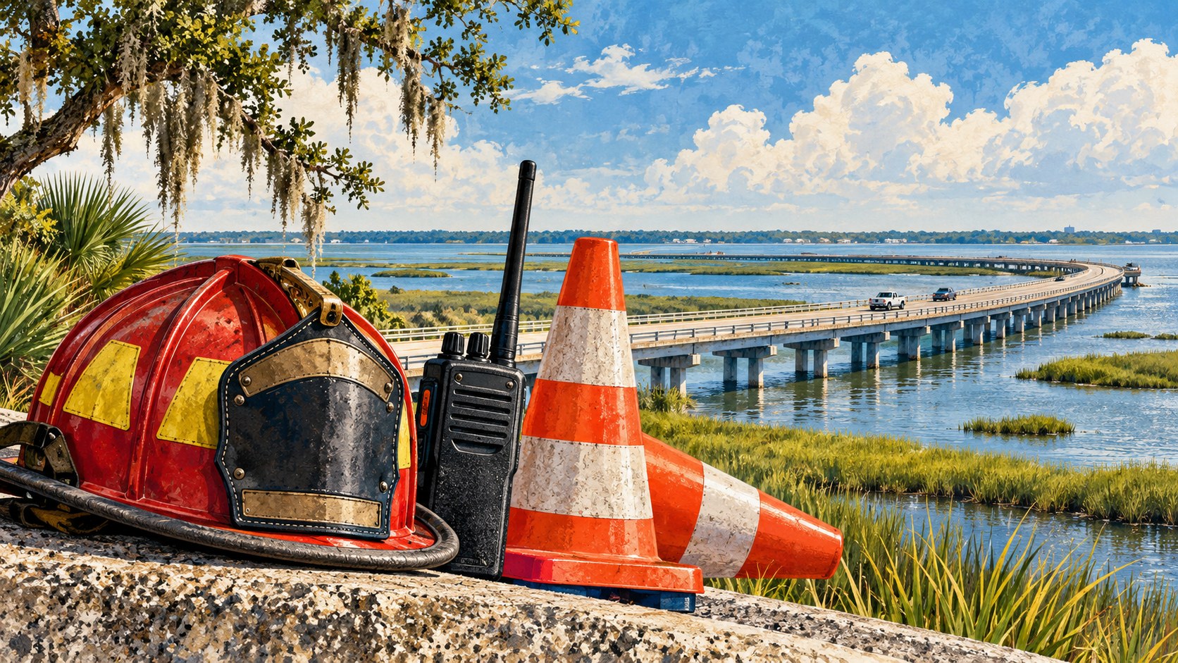 Editorial illustration of a fire helmet, radio and road cones beside a coastal causeway; not a photograph of a crash or emergency response.