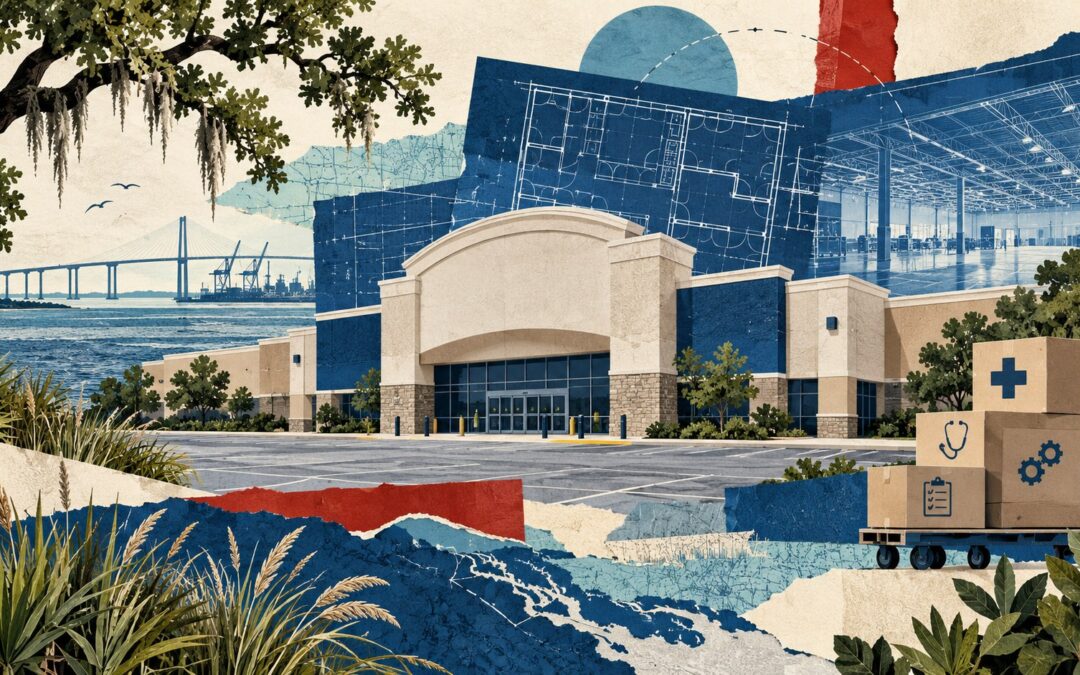 Editorial collage of a former retail building, renovation plans and healthcare-support supplies; not a site rendering or patient-care facility photograph.