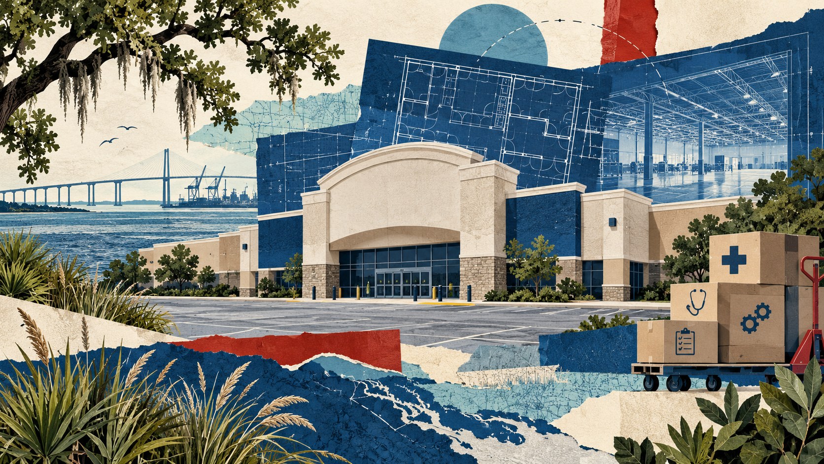 Editorial collage of a former retail building, renovation plans and healthcare-support supplies; not a site rendering or patient-care facility photograph.