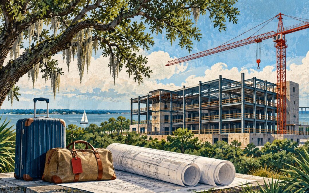 Editorial illustration of hotel construction, travel luggage and plans in a coastal Alabama setting; not an actual project rendering.