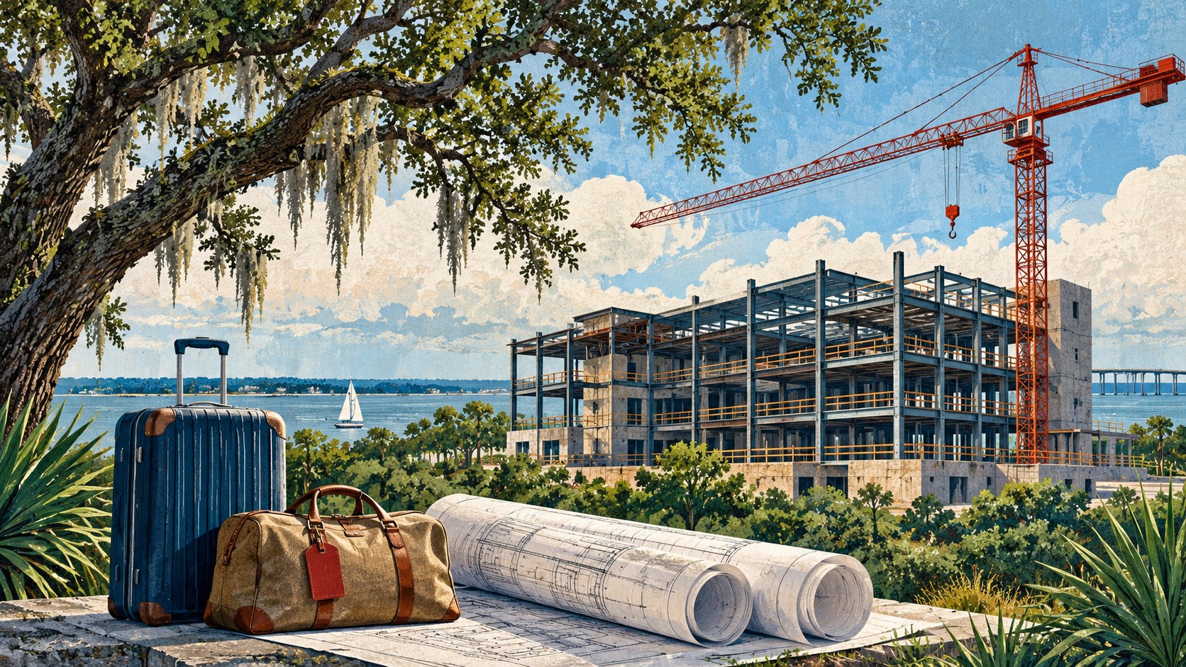 Editorial illustration of hotel construction, travel luggage and plans in a coastal Alabama setting; not an actual project rendering.