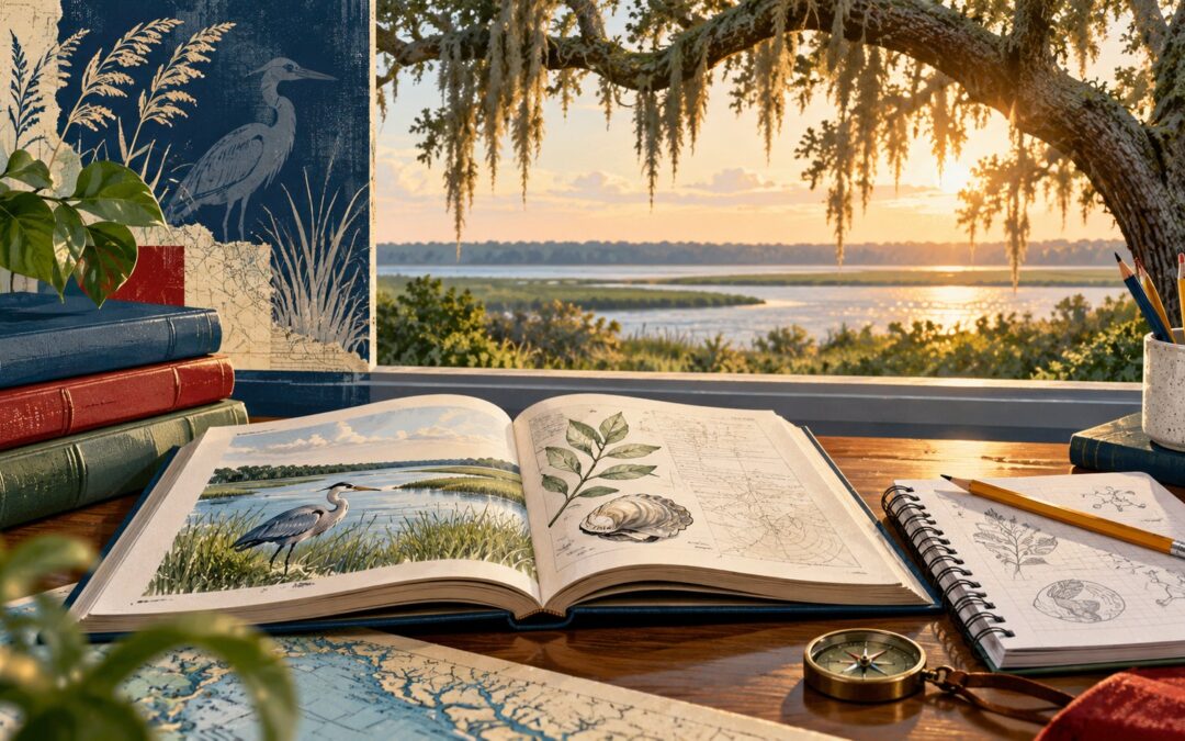 Editorial illustration of books, a science notebook and classroom supplies with coastal scenery; not a particular classroom or teacher.