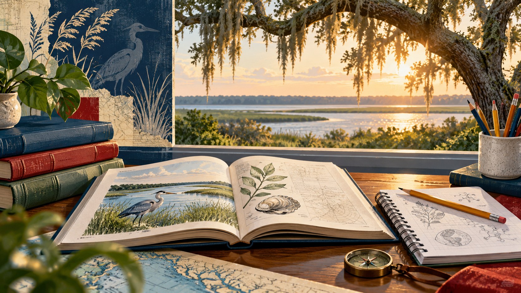 Editorial illustration of books, a science notebook and classroom supplies with coastal scenery; not a particular classroom or teacher.