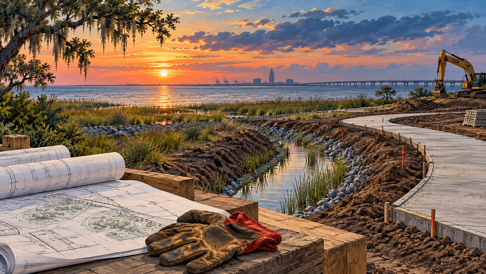 Editorial illustration of coastal grading, an unfinished walkway and construction plans; not a photograph or architectural rendering of Valor Park.