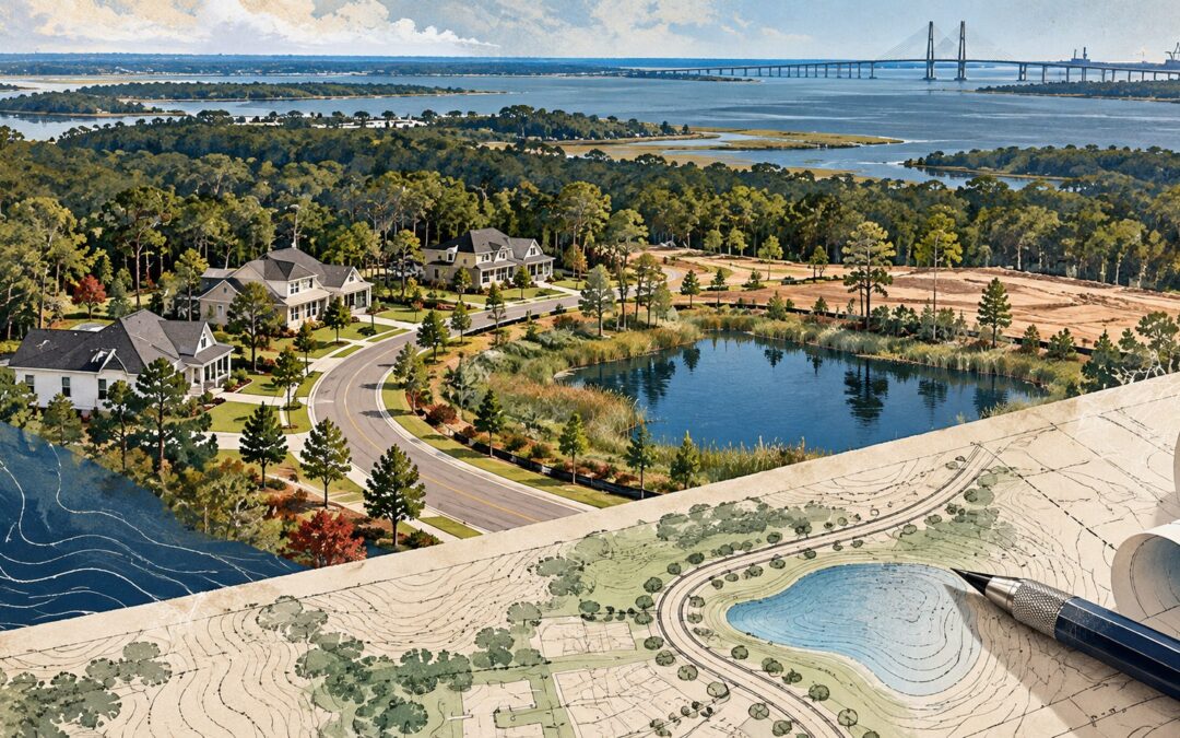 Editorial collage of homes, woodland, a local road, drainage pond and planning drawings; not a map or rendering of a proposed subdivision.