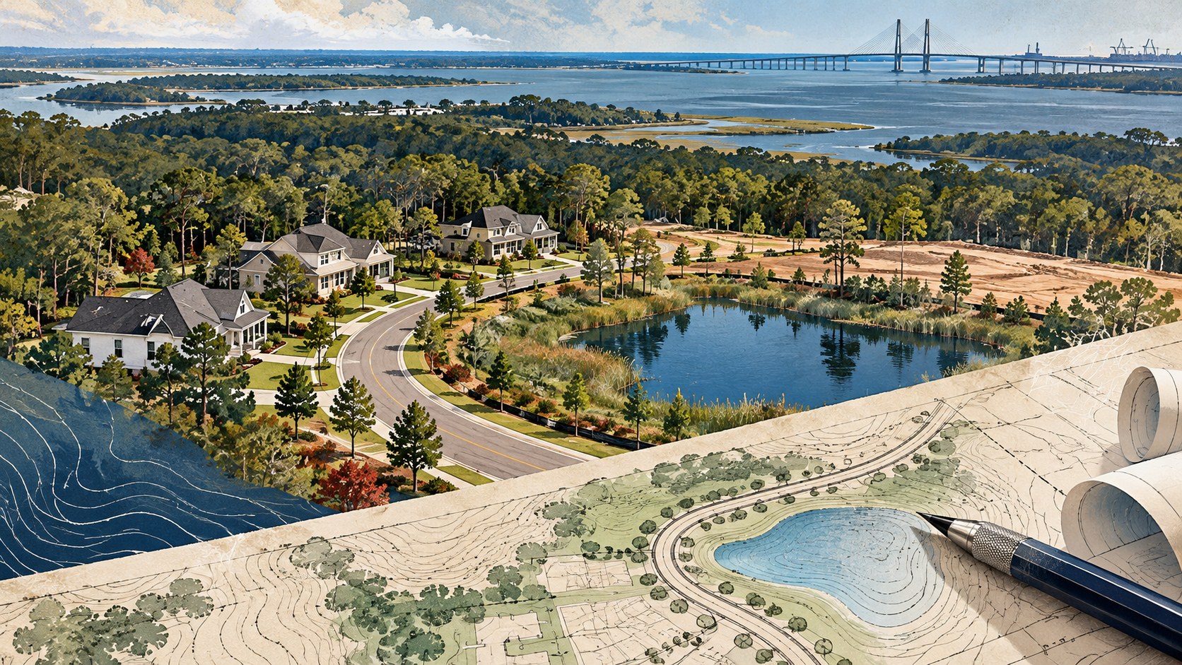 Editorial collage of homes, woodland, a local road, drainage pond and planning drawings; not a map or rendering of a proposed subdivision.